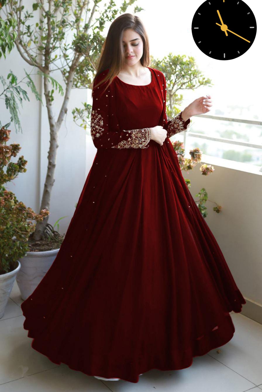 Heavy Embroided Pearls Attached Gown With Long Maxi