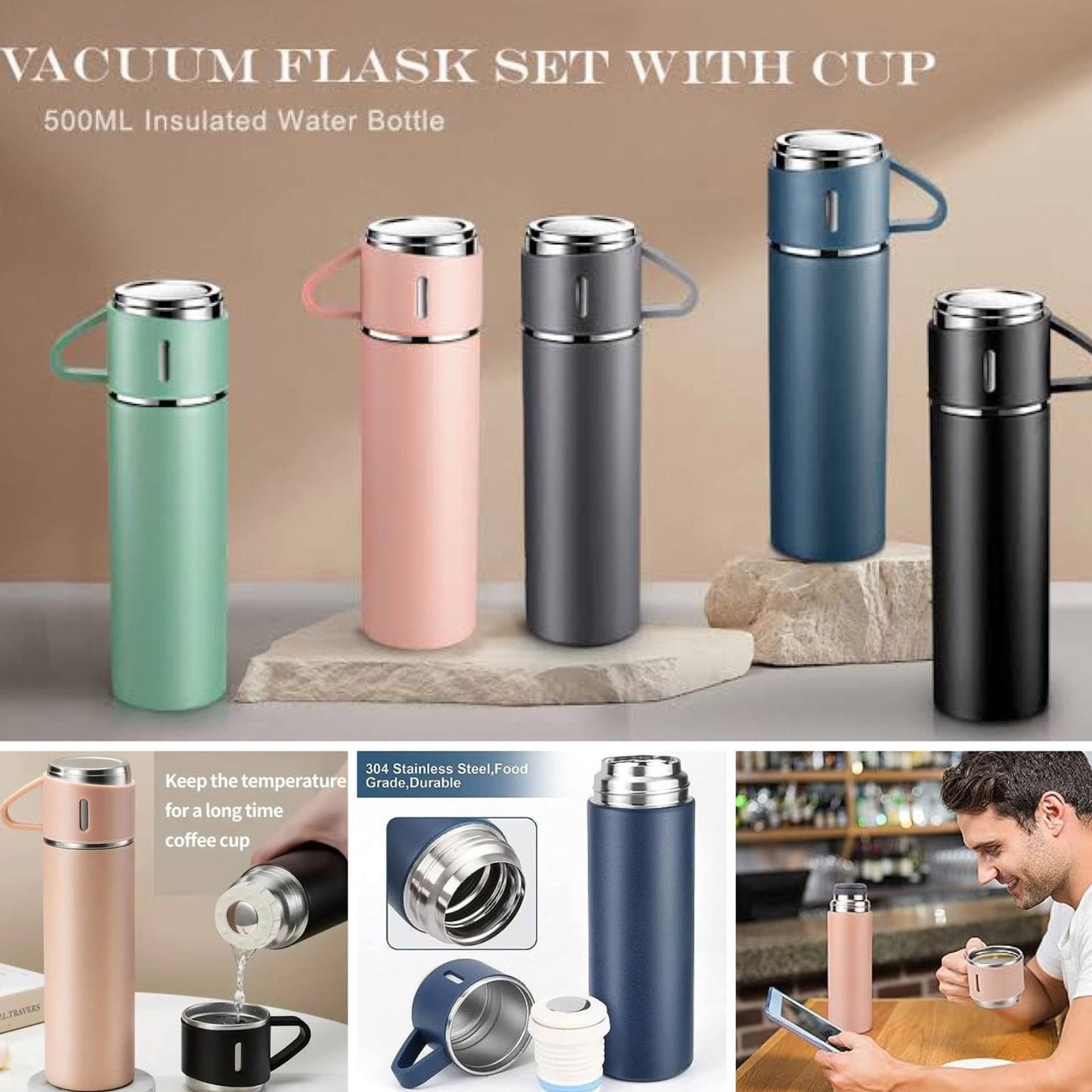 Stainless Steel Vacuum Flask Bottle with 1 Cup