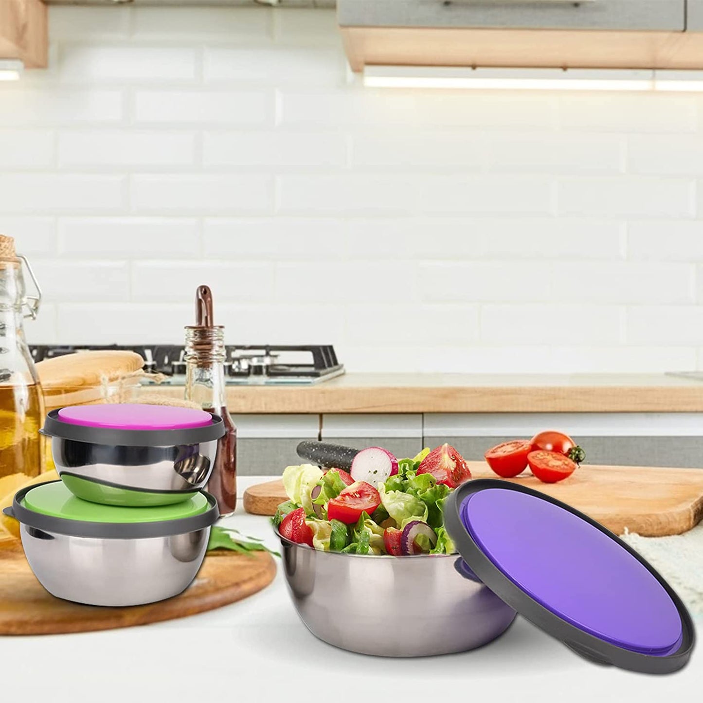 Stainless Steel Bowls 3 pcs Set with Colorful Lids