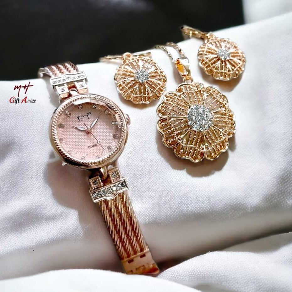 FT Ladies Jewellery Watch & Locket Golden Set