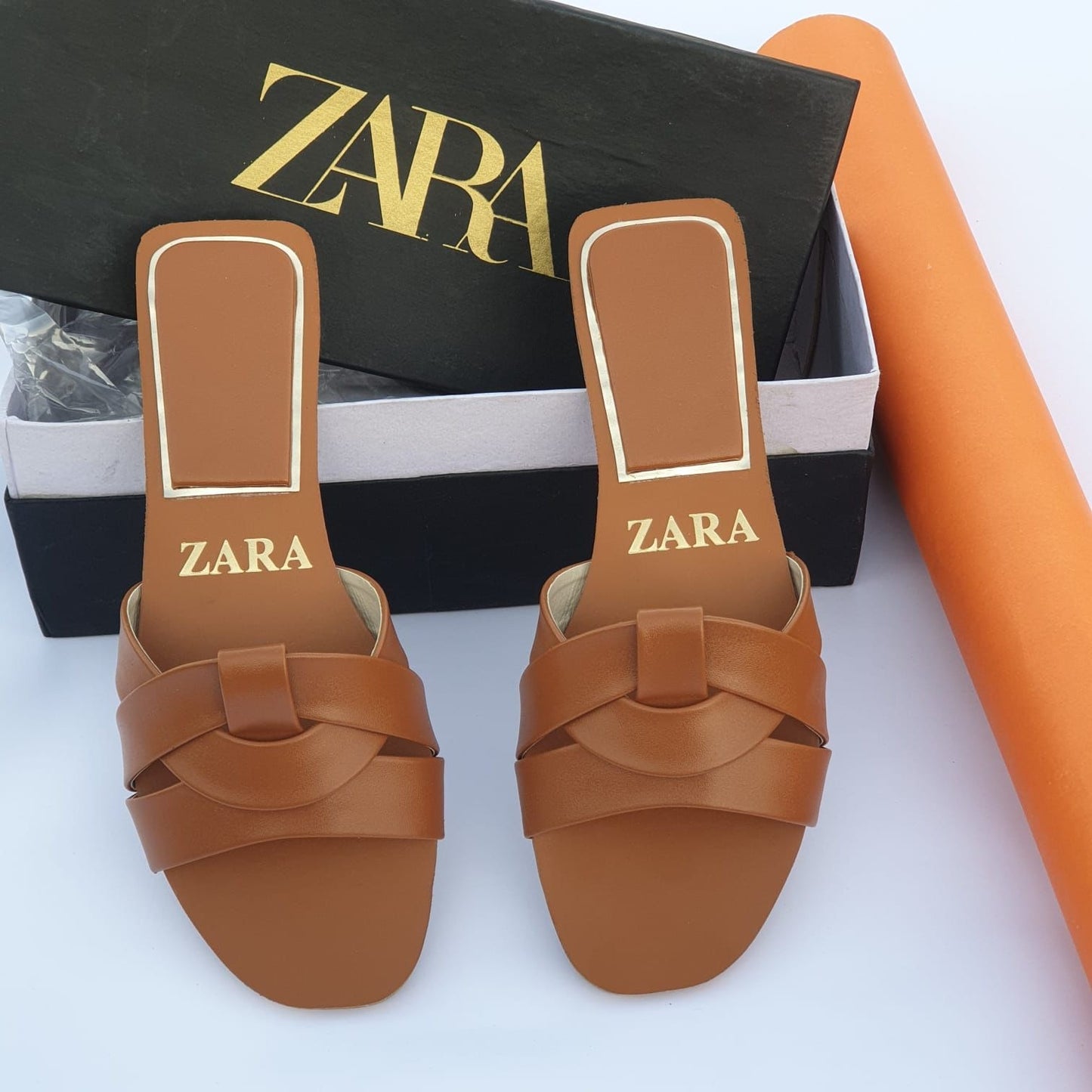 Zara Criss-Cross Leather Slider Slippers