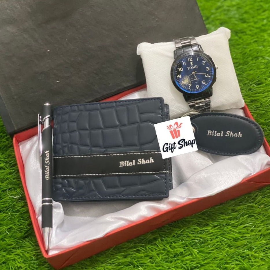 Customized Men Gift Set - 4 in 1 Deal Personalized (wallet, keychain, pen & watch)