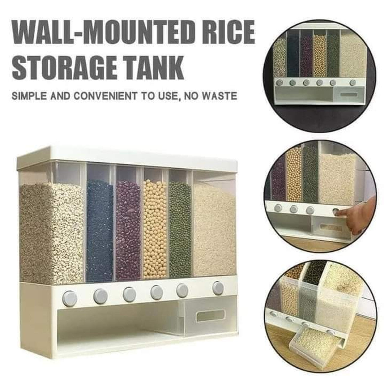 Wall-Mounted XL 6-Compartment Rotating Grain Dispenser with Storage Box