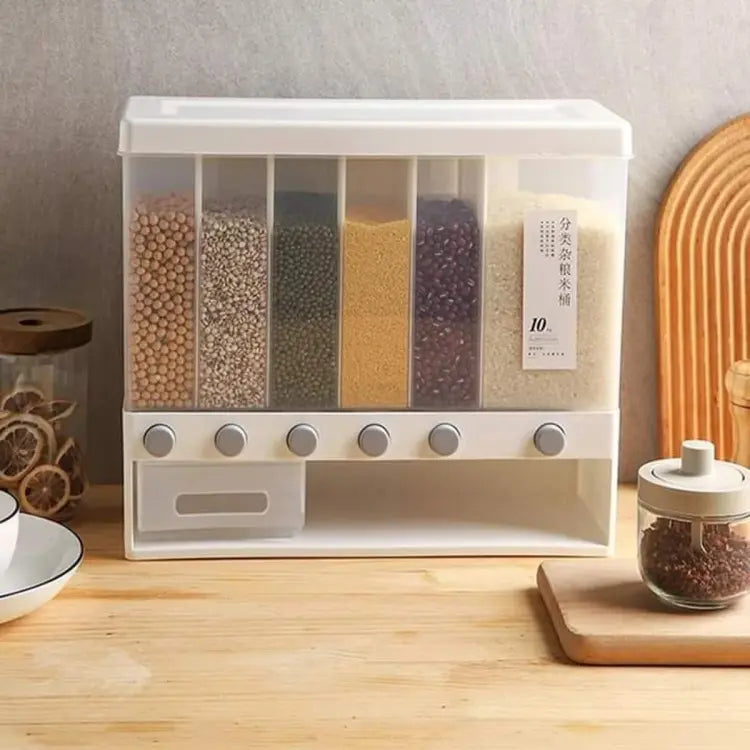 Wall-Mounted XL 6-Compartment Rotating Grain Dispenser with Storage Box