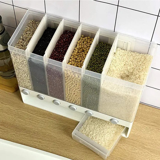 Wall-Mounted XL 6-Compartment Rotating Grain Dispenser with Storage Box