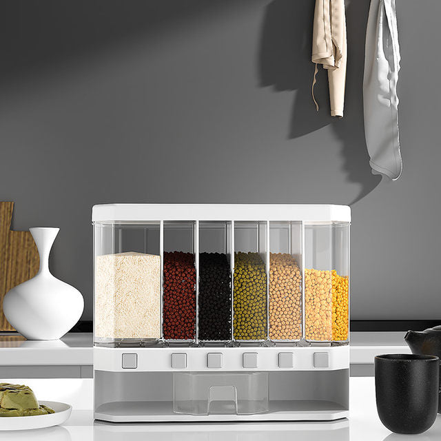 Wall-Mounted XL 6-Compartment Rotating Grain Dispenser with Storage Box
