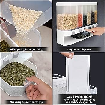 Wall-Mounted XL 6-Compartment Rotating Grain Dispenser with Storage Box