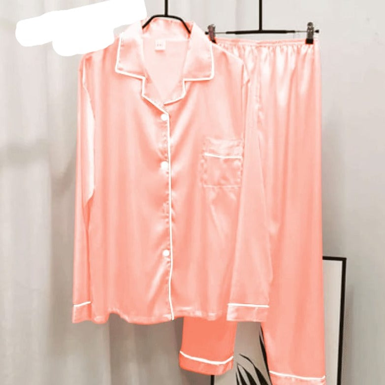 Night Wear Set - 2 Piece China Silk Night Suit (White Piping)