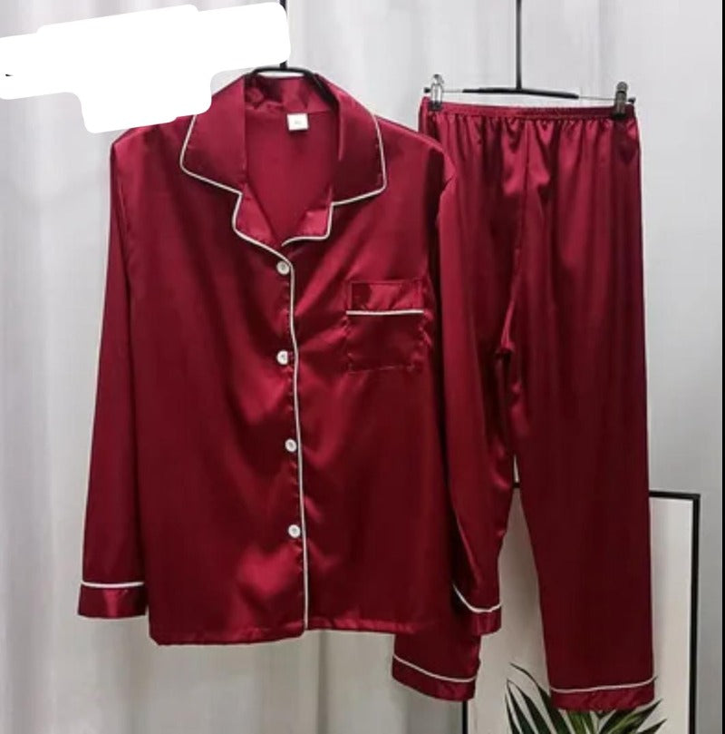 Night Wear Set - 2 Piece China Silk Night Suit (White Piping)