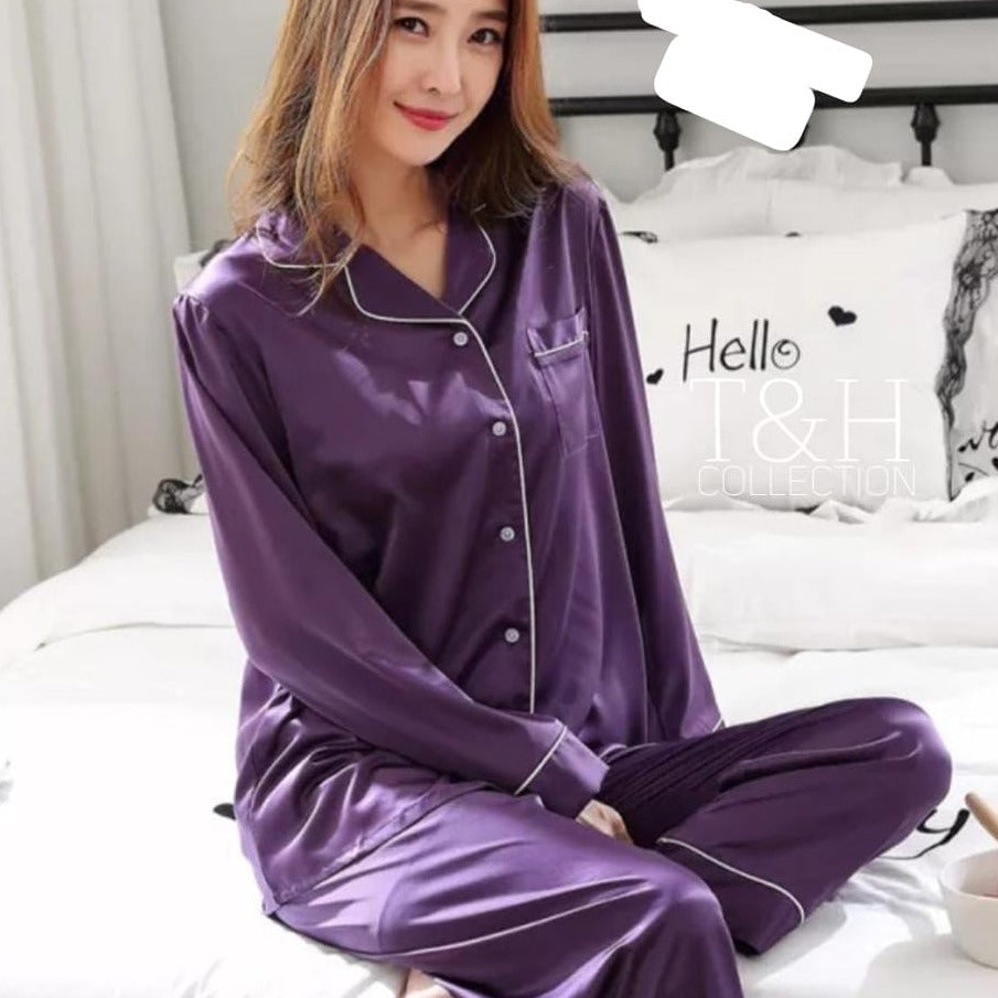 Night Wear Set - 2 Piece China Silk Night Suit (White Piping)