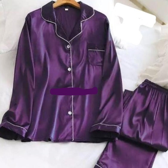 Night Wear Set - 2 Piece China Silk Night Suit (White Piping)