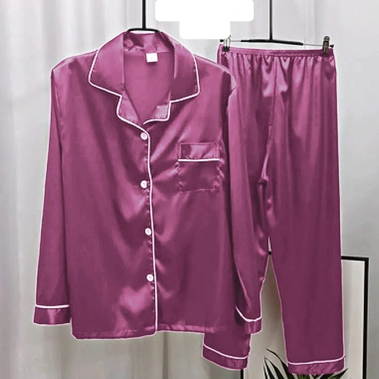 Night Wear Set - 2 Piece China Silk Night Suit (White Piping)