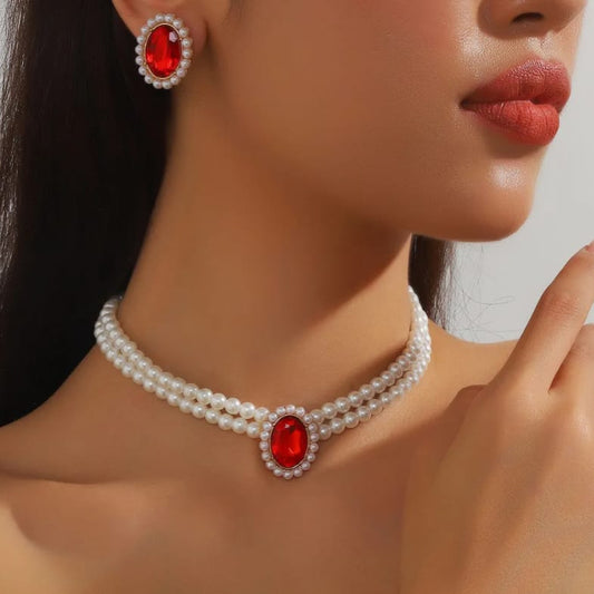 Pearl Choker with Pendant and Matching Earrings