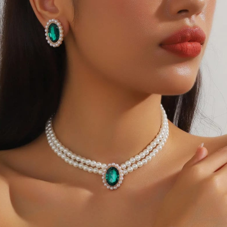 Pearl Choker with Pendant and Matching Earrings