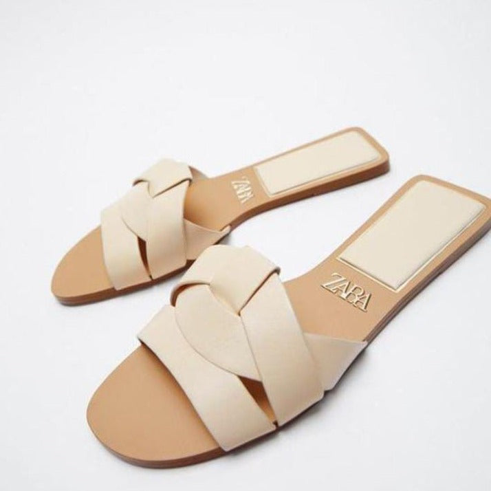 Zara Criss-Cross Leather Slider Slippers