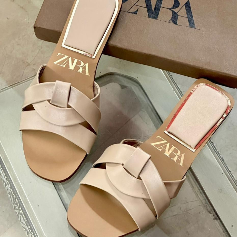 Zara Criss-Cross Leather Slider Slippers
