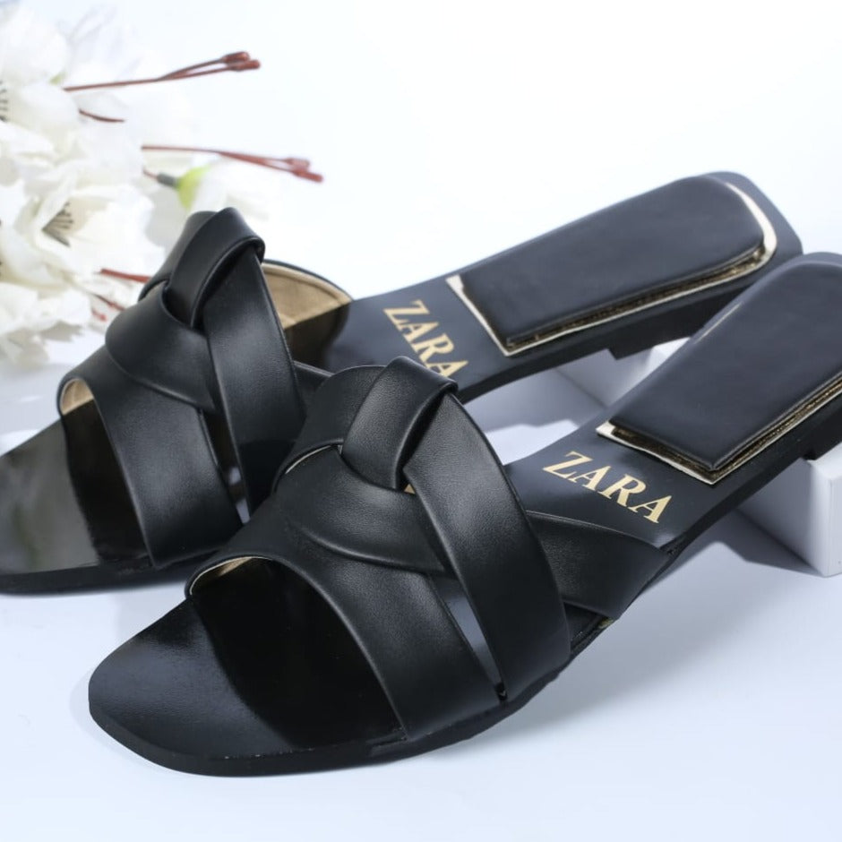 Zara Criss-Cross Leather Slider Slippers