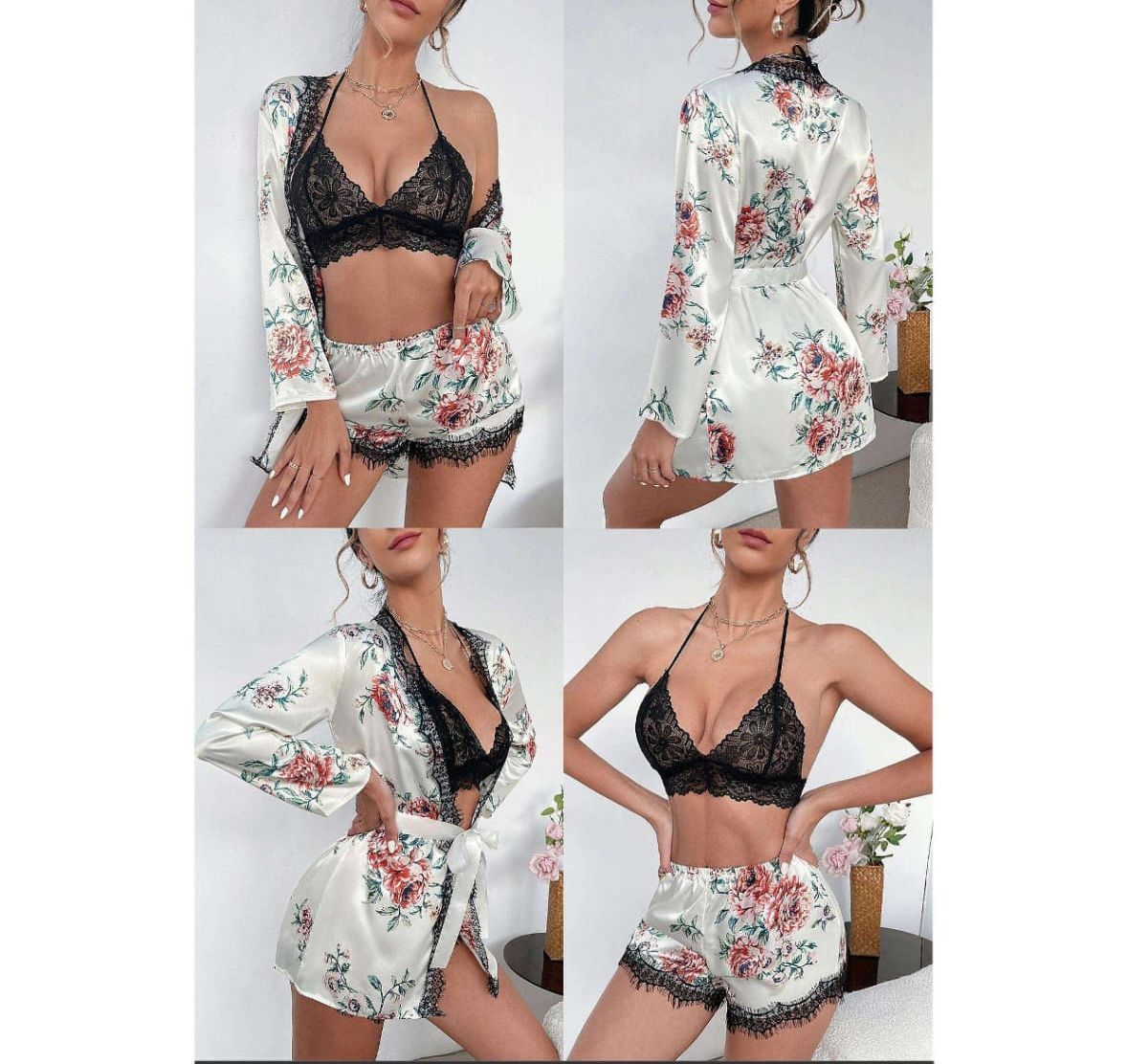 Floral Silk Ladies 3 Pcs Night Dress