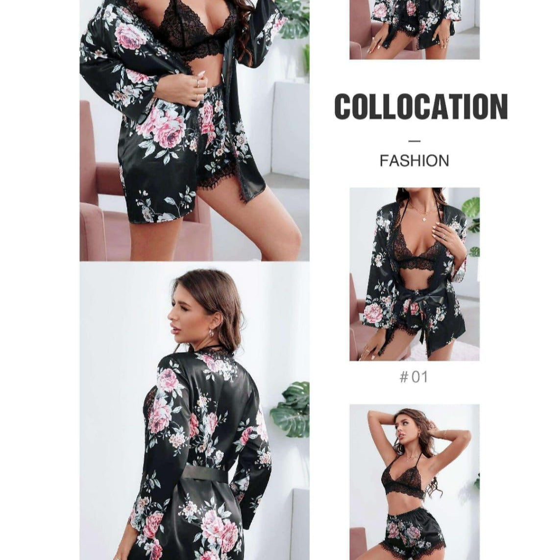 Floral Silk Ladies 3 Pcs Night Dress